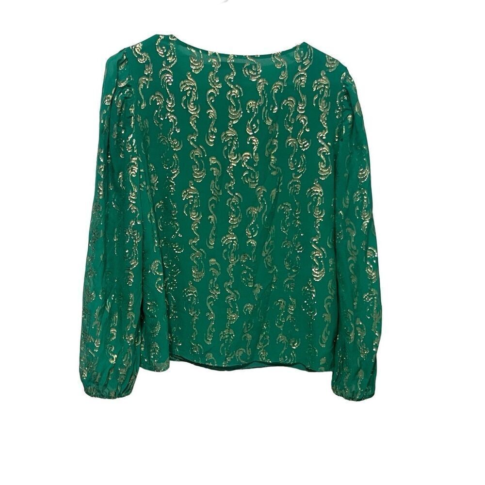 Lilly Pulitzer Miriam Silk Blouse Salty Waves Emerald Green Gold Metallic Size M - Picture 7 of 7